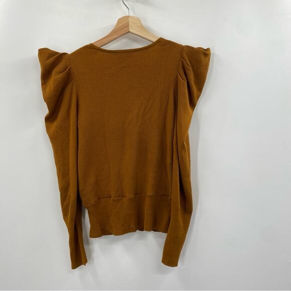 ALC Mustard Yellow Ribbed Knit Puff Sleeve Surplice Sweater - Picture 3 of 4